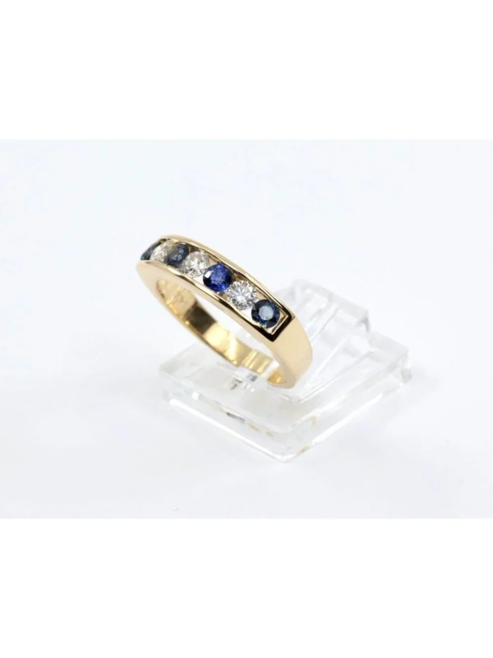 14K Solid Yellow Gold Sapphire Diamond Alternating Channel Set Wedding Band Ring